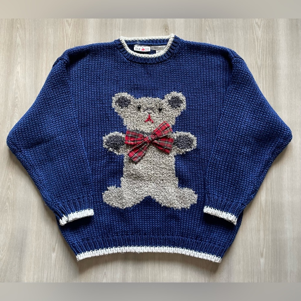 VTG 80s Eve Teddy Bear Sweater Hand Knit Christmas Grandma Crochet Sz 22W